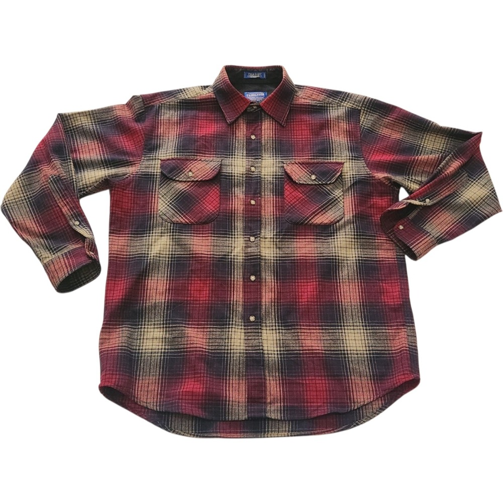 Pendleton Field Shirt Mens Large Red Tan Plaid 100% Virgin Wool Button Down L